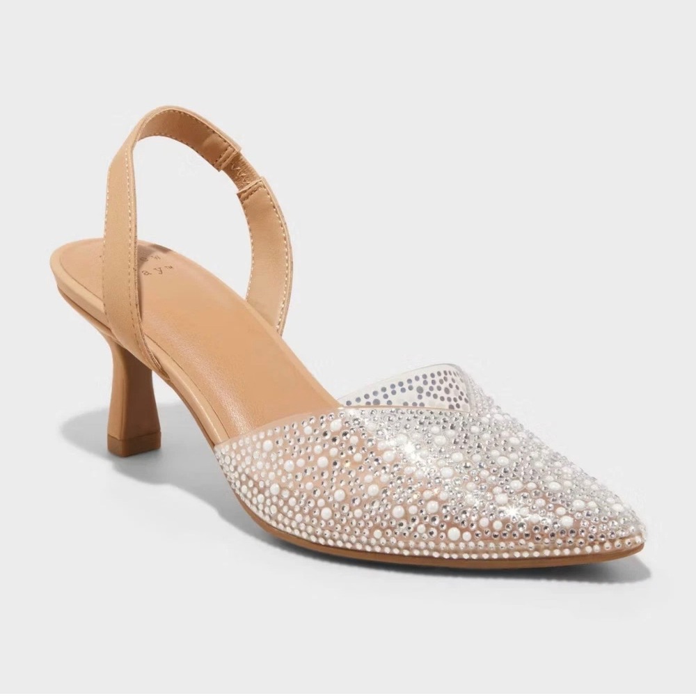 A New Day Isabel‎ Clear Rhinestone Pearl Slingback Kitten Heels Tan 7.5 Bling